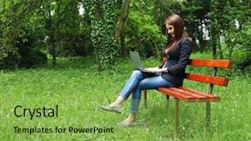  Presentation with cheerful stylish city girl using - Theme consisting of byod - young beautiful brunette girl using background and a seafoam green colored foreground