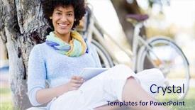  Presentation with park - PPT theme having byod - young woman using tablet background and a  colored foreground