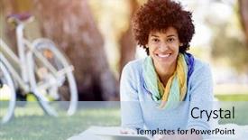  Presentation with park - Slide deck having byod - young woman using tablet background and a light blue colored foreground