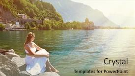 Presentation with switzerland - Audience pleasing PPT theme consisting of byron - young woman at geneva lake backdrop and a  colored foreground