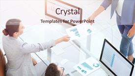  Presentation with statistics - Colorful slide set enhanced with c project - satisfied business lady explains backdrop and a sky blue colored foreground