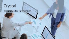  Presentation with statistics - Audience pleasing PPT theme consisting of c project - satisfied business lady explains backdrop and a light blue colored foreground