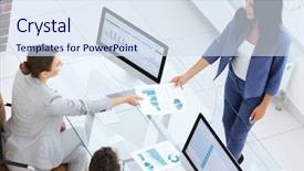  Presentation with statistics - PPT layouts enhanced with c project - satisfied business lady explains background and a sky blue colored foreground