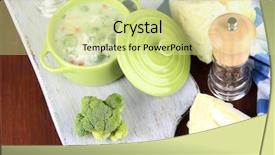  Presentation with table napkin - Cool new PPT theme with cabbage soup in plate on board for cutting near napkin on wooden table backdrop and a soft green colored foreground