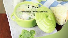  Presentation with table napkin - Slide deck enhanced with cabbage soup in plate on board for cutting near napkin on wooden table background and a soft green colored foreground