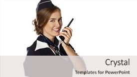  Presentation with radio - Presentation theme consisting of cabin crew - beautiful smiling stewardess with cb background and a light gray colored foreground