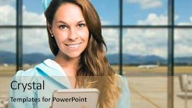  Presentation with flight - Colorful slides enhanced with cabin crew - flight hostess checking bookings backdrop and a coral colored foreground