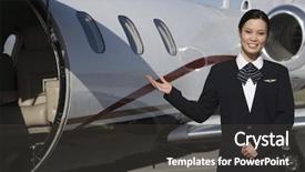  Presentation with cabin crew - Presentation theme enhanced with cabin crew - portrait of a beautiful stewardess background and a dark gray colored foreground