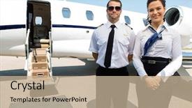  Presentation with private jet - Theme enhanced with cabin crew - portrait of confident stewardess background and a mint green colored foreground