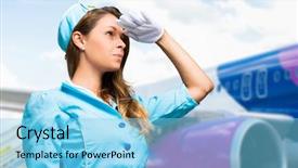  Presentation with cabin crew - PPT theme featuring cabin crew - smiling hostess with airplane background and a light blue colored foreground