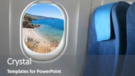  Presentation with airplane wing through airplane window - Cool new PPT layouts with cabin crew aeroplane - airplane seat and window inside backdrop and a ocean colored foreground