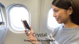  Presentation with aircraft - Colorful theme enhanced with cabin crew aeroplane - woman use of cellphone inside backdrop and a coral colored foreground