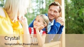  Presentation with family talking - Beautiful presentation featuring cabin woods - family of three leaning backdrop and a  colored foreground