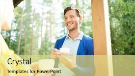  Presentation with tea cup - PPT theme consisting of cabin woods - happy young man with cup background and a blonde colored foreground