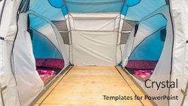  Presentation with tent - Audience pleasing theme consisting of cabin woods - tent interior with mattresses backdrop and a lemonade colored foreground