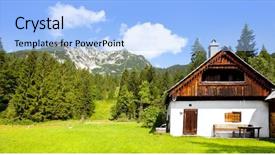  Presentation with alps - Audience pleasing slide deck consisting of cabin woods - wooden house in alps landscape backdrop and a light blue colored foreground