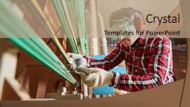  Presentation with woodworking - Colorful presentation design enhanced with cabinet construction - carpenter with plate saw preparing backdrop and a coral colored foreground