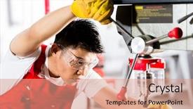  Presentation with factory machine - Slide set with cabinet maker - chinese man working with power background and a coral colored foreground