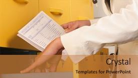  Presentation with files - Beautiful presentation featuring cabinet medical - white business woman browsing files backdrop and a gold colored foreground