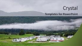  Presentation with scandinavia - Slide deck with cabins at holiday park background and a light gray colored foreground