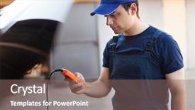  Presentation with car engine - Presentation design having mechanic using an electronic tester on a car engine background and a violet colored foreground