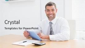  Presentation with flower office desk table - Cool new presentation theme with cable calculations - smiling businessman using his tablet backdrop and a white colored foreground