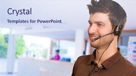  Presentation with microphone - Presentation theme having cable free - happy young man with microphone background and a sky blue colored foreground