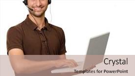  Presentation with young man holdng laptop on lap money - Colorful slide set enhanced with cable free - man with microphone holding laptop backdrop and a coral colored foreground