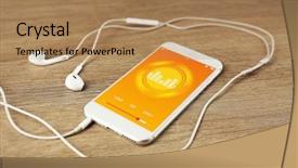  Presentation with smartphone - PPT theme featuring cable free - smartphone with earphones on wooden background and a coral colored foreground