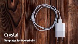  Presentation with power cable - PPT theme enhanced with cable phone chargers on wood background and a  colored foreground