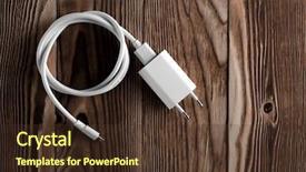  Presentation with power bank - Audience pleasing PPT theme consisting of cable phone chargers on wood backdrop and a tawny brown colored foreground