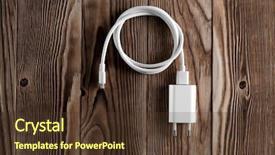  Presentation with cable electri - Beautiful PPT theme featuring cable phone chargers on wood backdrop and a tawny brown colored foreground