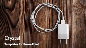  Presentation with power bank - Slide deck with cable phone chargers on wood background and a  colored foreground