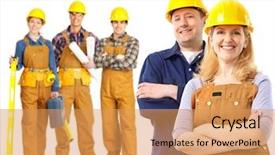  Presentation with industrial workers - PPT layouts enhanced with cables manufacturing - industrial contractors workers people isolated background and a yellow colored foreground