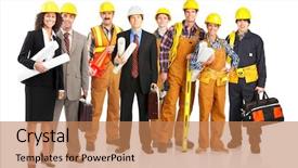  Presentation with builder - Presentation theme featuring cables manufacturing - young builder people in yellow background and a coral colored foreground