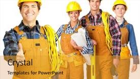  Presentation with builder - Cool new slide set with cables manufacturing - young builder people in yellow backdrop and a gold colored foreground