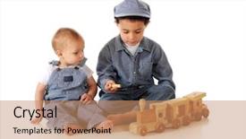  Presentation with wooden toy - Slides with caboose - young brothers in striped denim background and a coral colored foreground