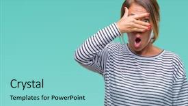  Presentation with eyes - Slides with shyness - middle age senior hispanic woman background and a seafoam green colored foreground