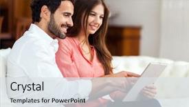  Presentation with computer love - Beautiful slides featuring cacoon - love couple using a tablet backdrop and a sky blue colored foreground