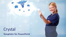  Presentation with medical caduceus - Presentation having caduceus - beautiful young doctor with abstract background and a sky blue colored foreground