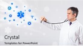  Presentation with medical caduceus - PPT layouts with caduceus - middle aged doctor with blue background and a white colored foreground