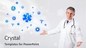  Presentation with medical caduceus - Colorful PPT theme enhanced with caduceus - middle aged doctor with blue backdrop and a white colored foreground