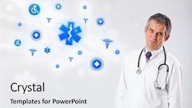  Presentation with medical caduceus - Theme featuring caduceus - middle aged doctor with blue background and a sky blue colored foreground