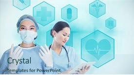  Presentation with medical caduceus - Amazing slide set having caduceus - portrait of surgeon woman reading backdrop and a light blue colored foreground