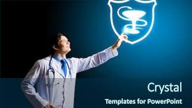  Presentation with hand touching finger digital - Presentation theme with caduceus - young male doctor touching background and a navy blue colored foreground