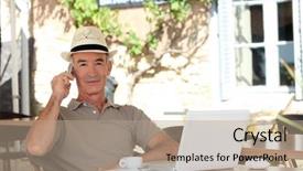  Presentation with 3d man sitting question mark - Cool new PPT theme with caf - man sitting on a terrace backdrop and a  colored foreground