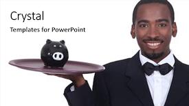  Presentation with piggy bank is evil - Cool new slide set with caf - waiter holding a piggy bank backdrop and a white colored foreground