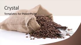  Presentation with sack of coffee beans - PPT theme having caf torrefie - burlap sack full of coffee background and a coral colored foreground