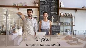  Presentation with coffee shop - Presentation theme having cafe - couple ready to serve behind background and a coral colored foreground