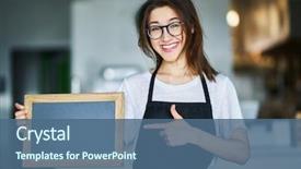  Presentation with waitress - Slide deck featuring cafe - happy waitress holding blank chalkboard background and a ocean colored foreground